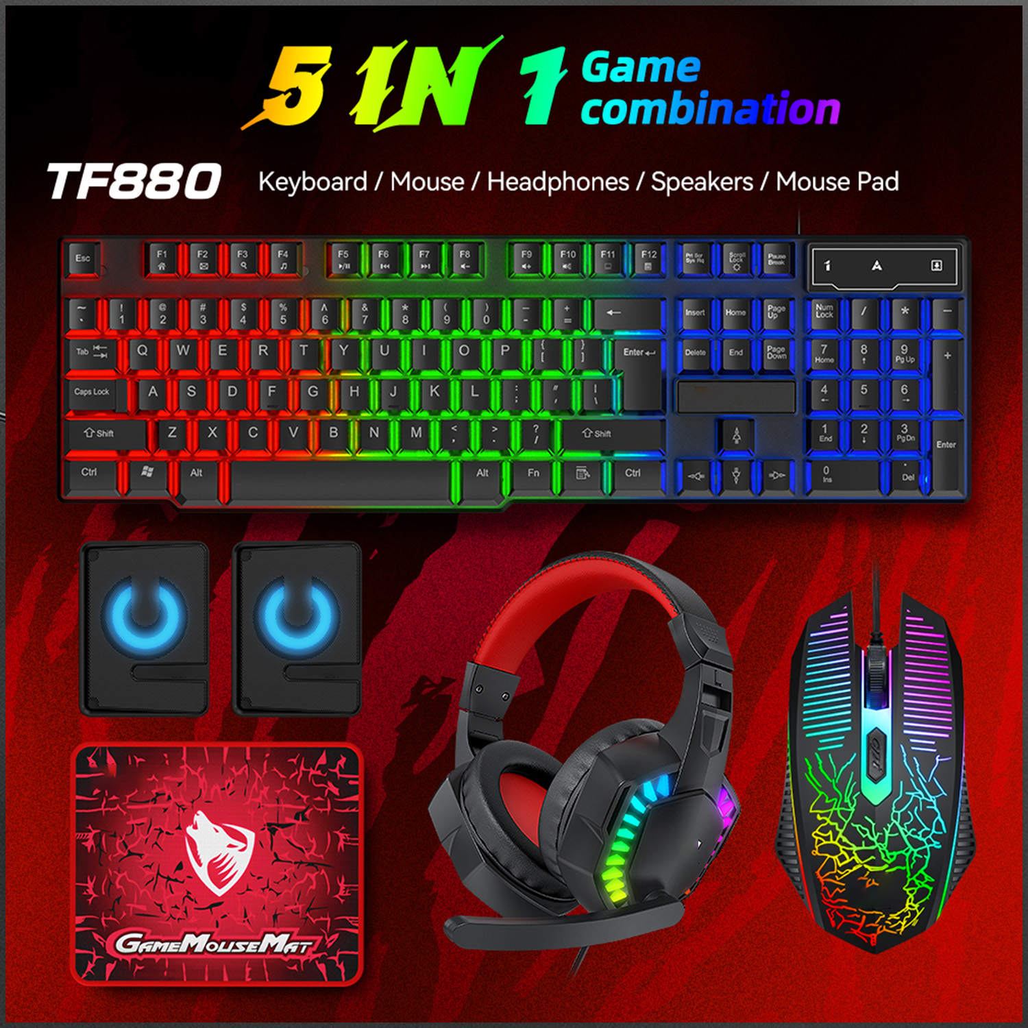 Gaming Keyboard Mouse Wireless - 5-in-1 Set Gaming Combo Keyboard 4-color