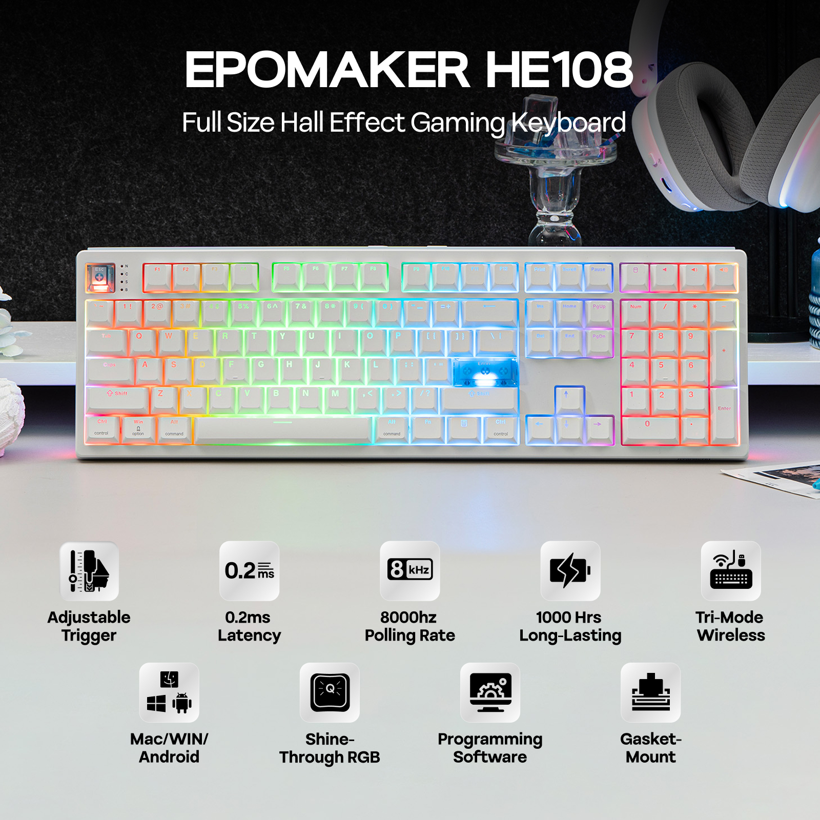 EPOMAKER HE108 Full Sized ANSI – обзор и цена Gaming Keyboard Half